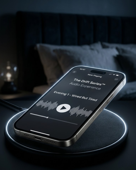 Collagen Rituals Drift Series Evening 1 Wired But Tired episode playing on iPhone on wireless charger in bedroom nightstand setting